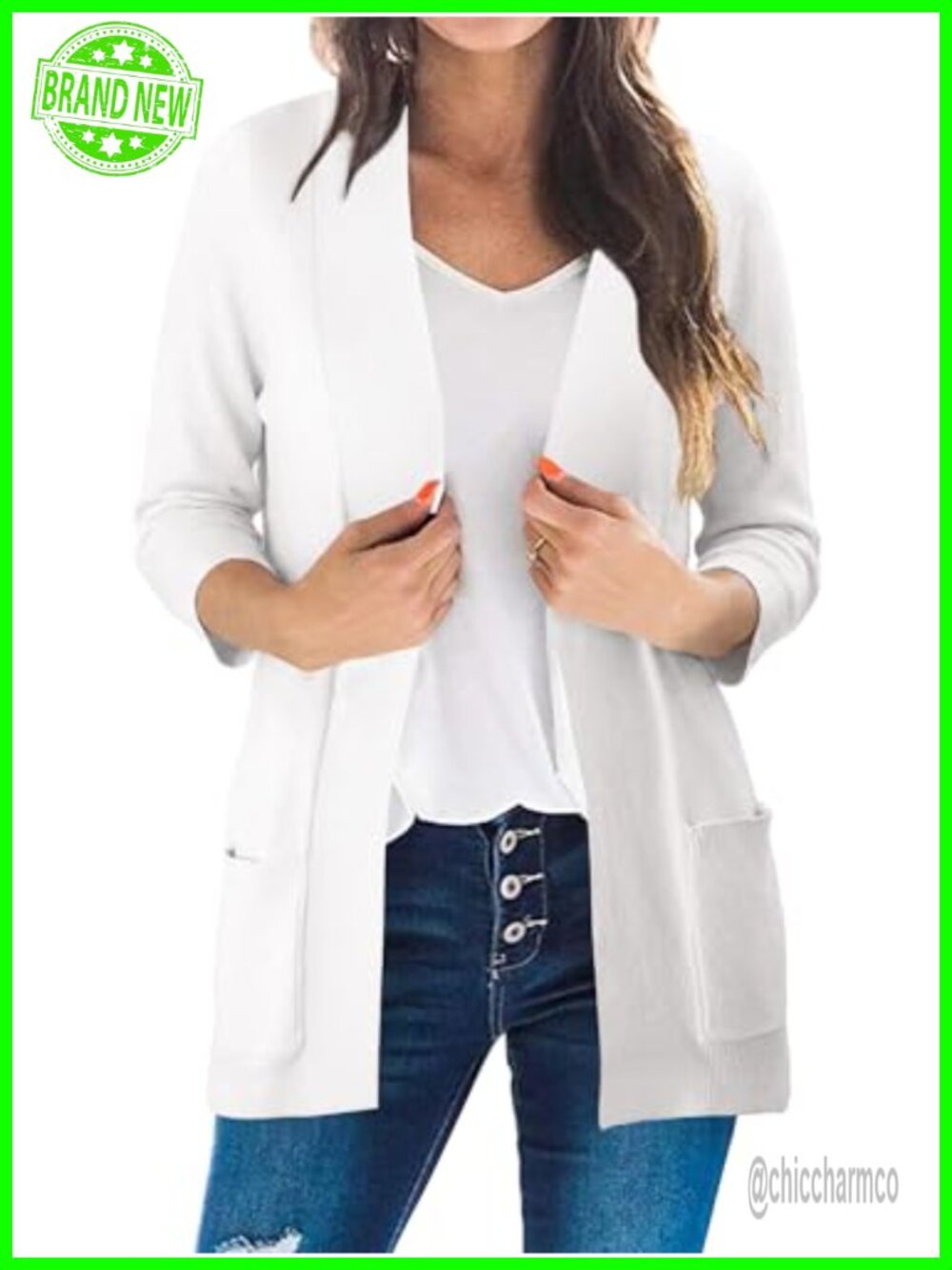 Womens Lightweight Open Front Cardigan 3/4 Sleeve V-Neck Knit Sweater with